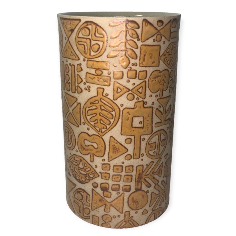 Wine Chiller or Vase~Neutral Tan Tobacco Colors Primitive Print Design Signed